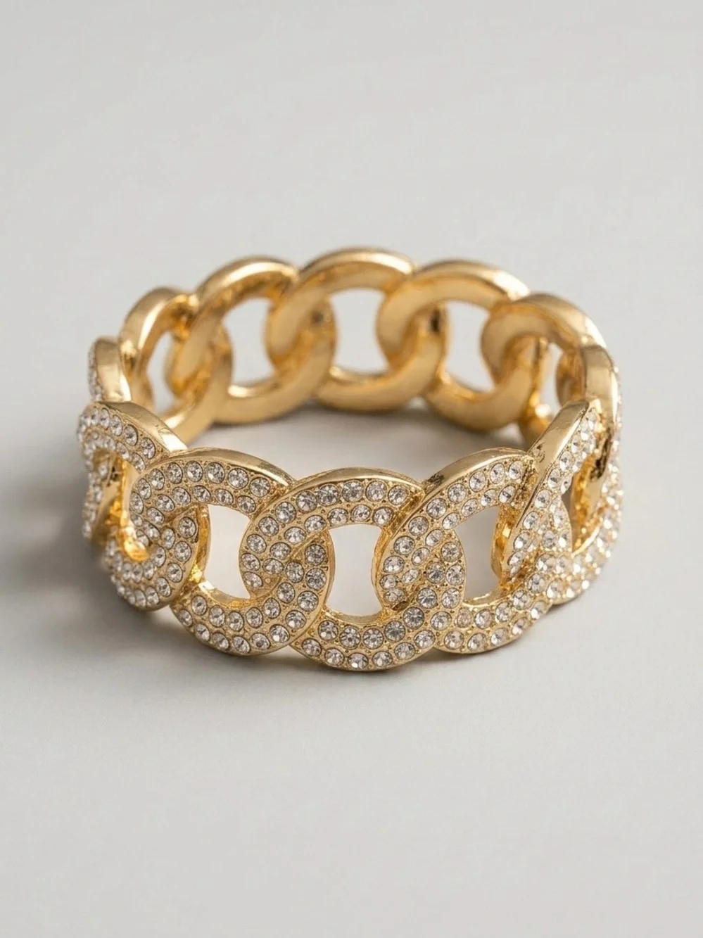 Gold-Tone Crystal Pave Chunky Stretch Chain Link Bracelet Excellent Condition